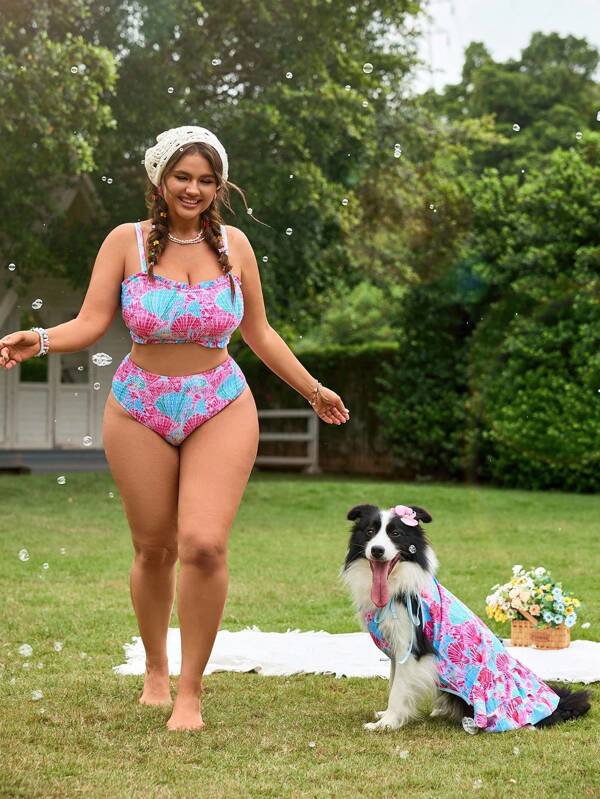 Swim Mod Conjunto de traje de baño de verano para mujer talla grande con top tipo bralette con estampado de concha colorido y con tirantes extraíbles, combinado con la Bottom triangular regular a juego
