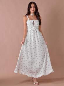Enchnt Vestido maxi de princesa con estampado floral blanco, volantes y lazos en los tirantes para mujer, romántico de verano - Multicolor - Ver 4