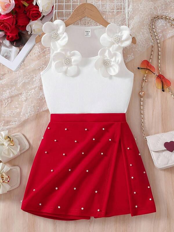 Elladie kids 年轻女孩两件套：白色圆领背心，3D 珍珠花卉装饰，搭配粉色松紧腰修身短裤，适合生日、度假、夏季派对