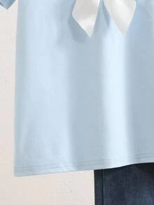 SHEIN 青少年女孩舒适休闲蓝色圆领 T 恤，大蝴蝶结设计，适合返校和校园穿着 - 淺藍色 - 查看 7