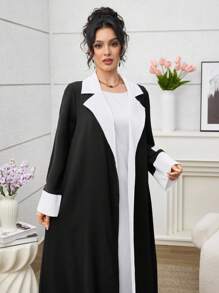 Yasmyna 法式和英式风格拼色长袖阿巴雅长袍，优雅长袍 - 黑色 - 查看 2