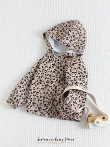 Cozy Pixies 女婴豹纹连帽长袖休闲夹克，百搭 - 卡其色 - 查看 4