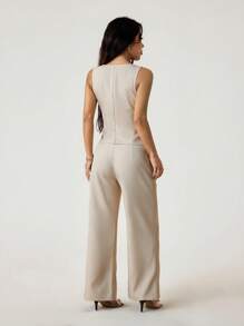 SHEIN PETITE 无袖开襟背心优雅西装和裤子套装 - 米色 - 查看 2