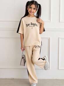 Tween Girl Loose Casual Comfy Pullover Colorblock T-Shirt And Pants Set