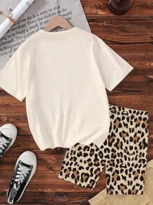 SHEIN 2件套青少年女孩豹纹短裤和蝴蝶印花上衣休闲装