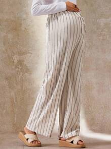 SHEIN Bohemian Maternity Adjustable Waist Striped Loose Straight-Leg Pants