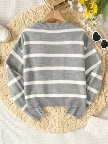 SHEIN Teens' Casual Loose Fit Colorblock Striped Round Neck Pullover Sweater Fall Winter - Grey - View 3