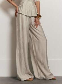 MUSERA 松紧腰阔腿裤 可爱夏季度假休闲优雅亚麻风长裤 机场沙滩集体办公着装 女士职业装 情人节春季 - 卡其色 - 查看 3
