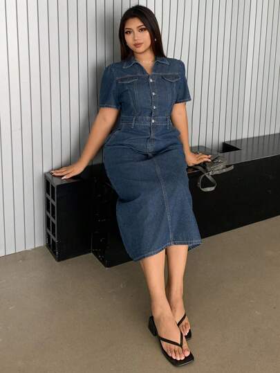 Livesso Curve Dark Wash Short Sleeve Fitted Maxi Denim Dress, Summer Denim Clothing