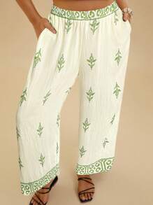 SHEIN VCAY Quần vải lanh nhẹ thoải mái họa tiết hình học cỡ lớn cho nữ mùa hè - màu xanh lá - Xem 4