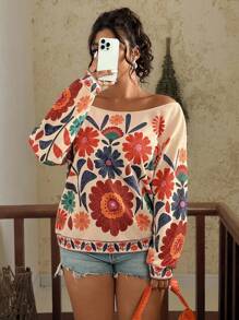 Travachic 大码女式休闲热带花卉印花露肩宽松长袖运动衫，适合夏季、秋季和冬季