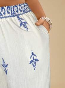 SHEIN VCAY Plus Size Women's Casual Geometric Print Linen Blend Loose Summer Pants