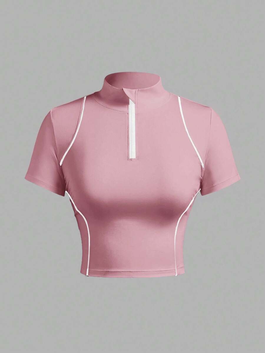 SHEIN Sports XH060 运动瑜伽瘦身跑步户外T恤女式运动上衣粉色健身上衣拉链健身上衣修身衬衫健身房衬衫 - 粉色 - 查看 1