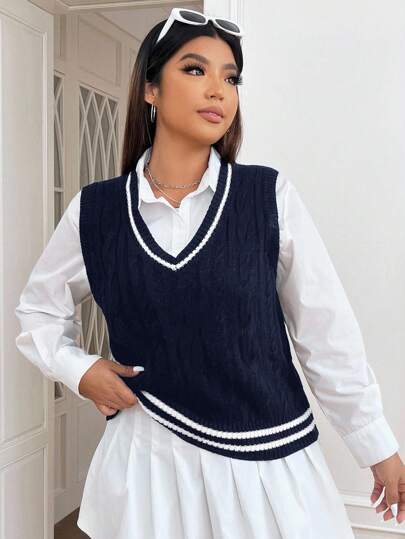 SHEIN EZwear 大码休闲学院风拼布条纹装饰毛衣背心，秋冬返校