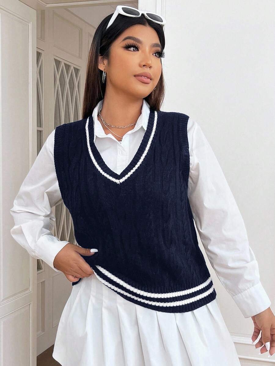 SHEIN EZwear Plus Size Casual College Style Patchwork Striped Trim Sweater Vest,Back To School In Fall/Winter - Navy Blue - View 1