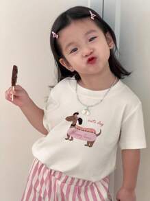 SHEIN 2 件婴幼儿女童春夏休闲日常可爱腊肠狗印花圆领 T 恤 + 粉色条纹短裤套装，适合 0-3 岁 - 粉色 - 查看 4