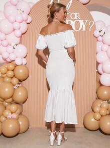 Loomaby Elegant Maternity Off-Shoulder Solid Color Mermaid Hem Dress, Summer,Gender Reveal Dress,Maternity Dress,Baby Shower Dress - White - View 2