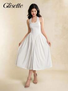 少女连衣裙，白色长裙细肩带方领束腰露背，适合度假、户外、学校、春夏季 - 白色 - 查看 5