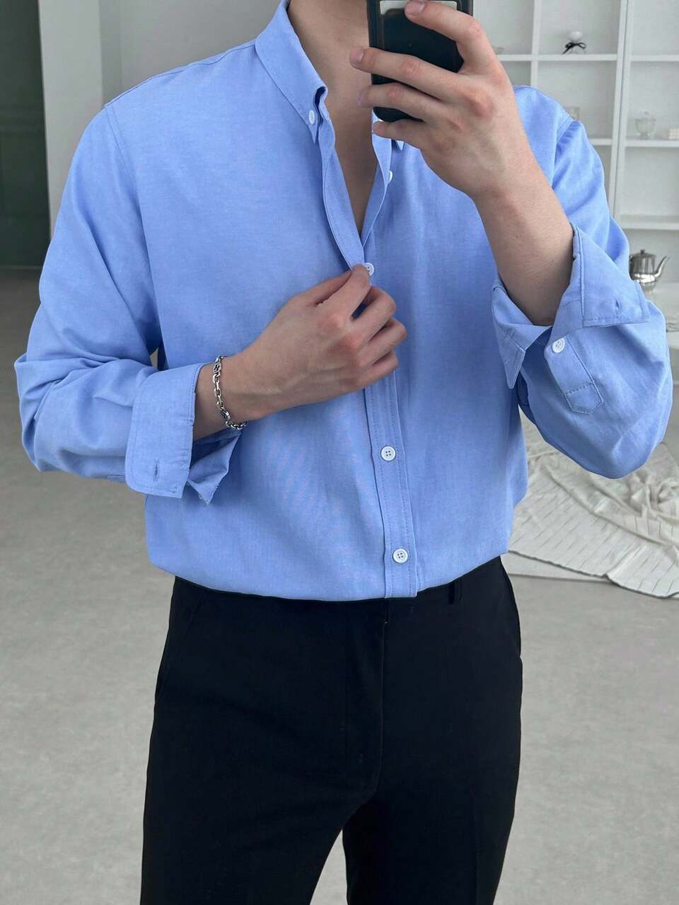 Men's Blue Textured Fabric Shirt, Suitable For Spring And Autumn Long Sleeve Men Shirt, Fall Business Attire