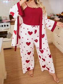 SHEIN 甜心印花睡衣套装，舒适时尚撞色睡袍套装，时尚风格，加大码，秋季服装，舒适装扮