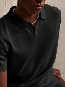 Manfinity Homme Men's Solid Color Polo Collar Short Sleeve Knit Top And Knit Shorts Set, Fall Clothes - Black - View 6