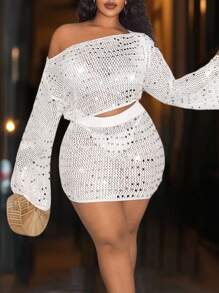 性感闪光针织圆领长袖上衣和紧身迷你裙套装，时尚休闲装，不对称设计 - 白色 - 查看 4