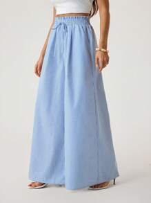 SHEIN Tall Damen-Freizeithose mit Taillenband, Streifenmuster, Taschen, weitem Bein, lockerem Schnitt und langer Passform, für große Frauen - Blau-Weiß - Übersicht 2
