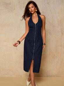 COSMINA 女式休闲露背挂脖牛仔连衣裙，复古风，秋季女装 - 藏蓝色 - 查看 6