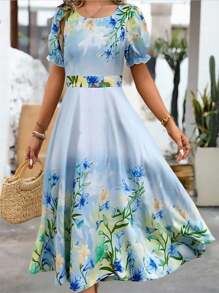 SHEIN Clasi 时尚优雅喇叭裙，夏季新款宽松显瘦印花短袖连衣裙女