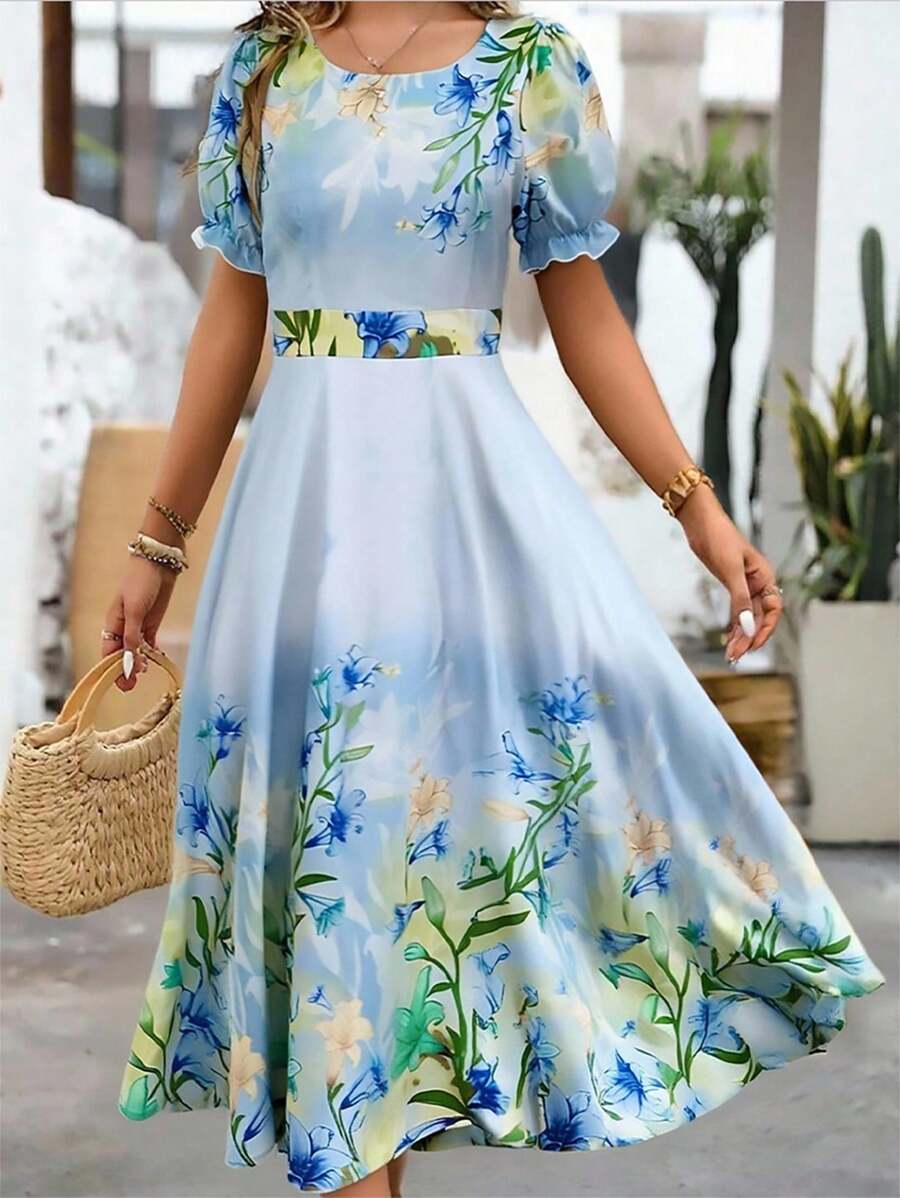 SHEIN Clasi 时尚优雅喇叭裙，夏季新款宽松显瘦印花短袖连衣裙女