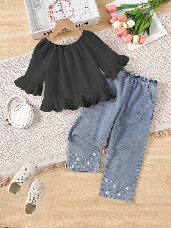 2pcs Girls Outfit - Ruffle Trim Off Shoulder Blouse And Pearl Trim Denim Long Pants, For Casual Wear, Summer