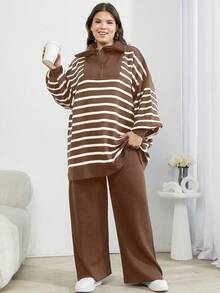 SHEIN Cottnline Women's Houndstooth Drop Shoulder Button Down Cardigan Sweater And Pants 3-Piece Set - Camel - View 5