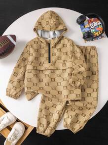 2件套年轻男童休闲舒适百搭印花连帽夹克和抽绳裤套装 - 棕色 - 查看 4