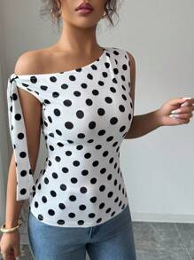 SHEIN LUNE 时尚不对称领口系带无袖波尔卡圆点印花修身 T 恤，时尚优雅设计，夏季 - 彩色 - 查看 3