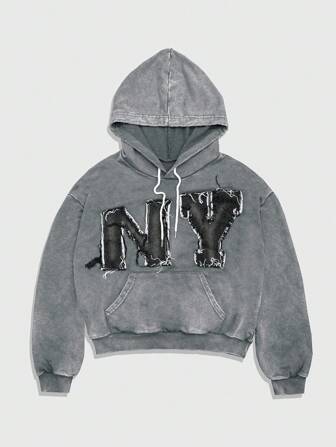 Grunge Punk Men's Letter Applique Long Sleeve Drawstring Hooded Pocket Sweatshirt