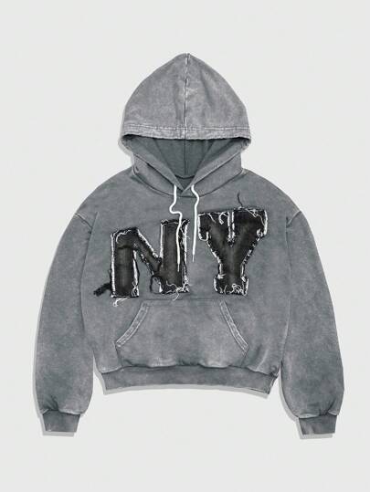 Grunge Punk بلوزة هودي رجالي بأكمام طويلة وجيب بخيط سحب مع طباعة حرفية