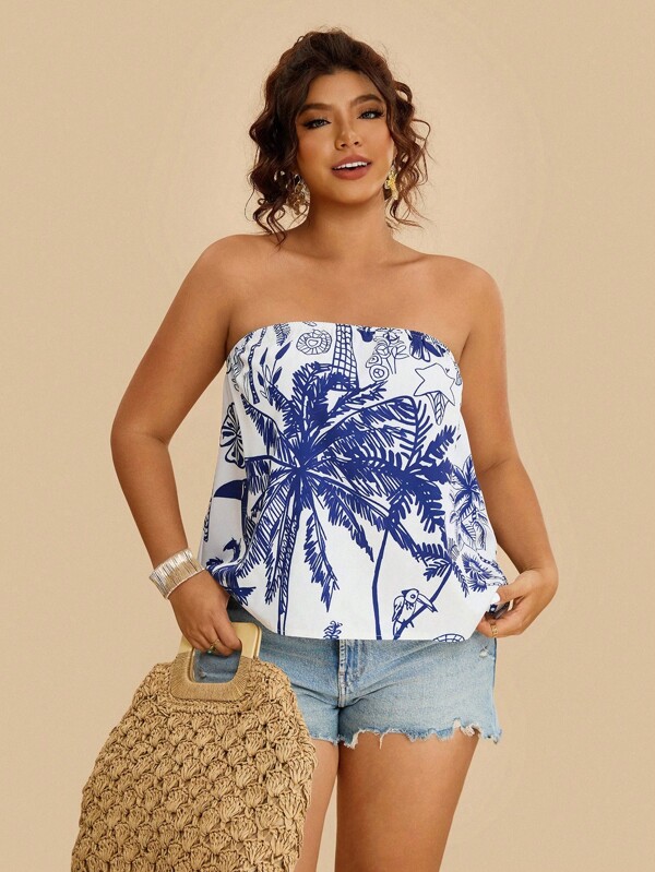 Travachic Top fascia di moda con stampa di palme per taglie forti