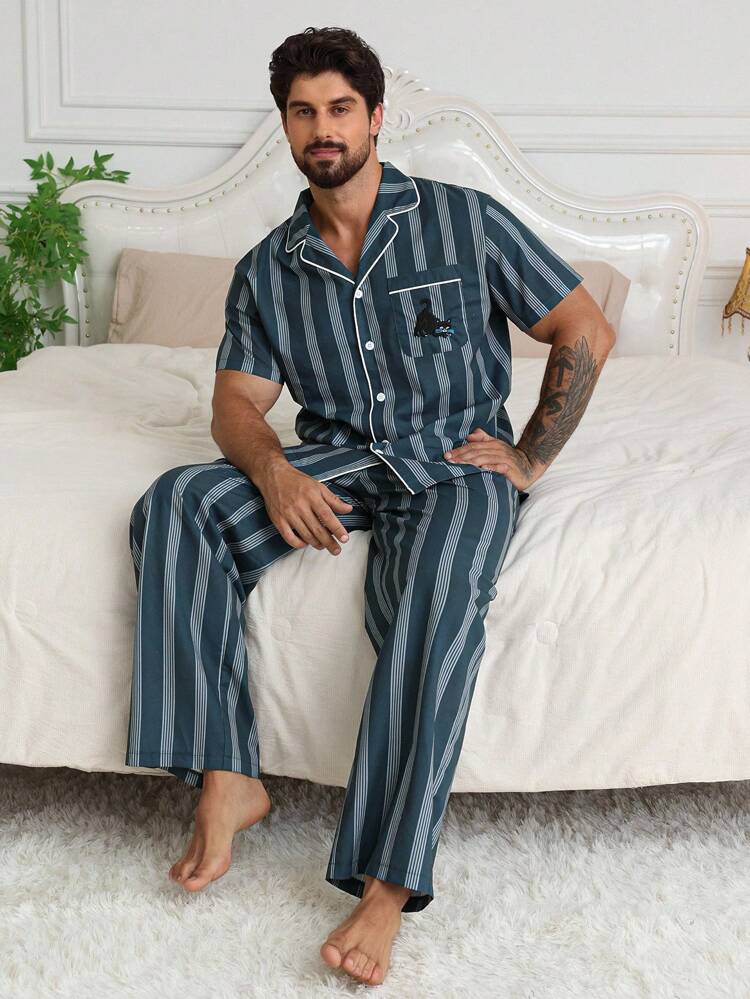 Striped Cartoon Embroidery Shirt + Pajama Set For Men, Spring/Summer Home Wear