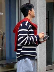 DAZY 秋季男士休闲蓝白条纹毛衣 - 藍白色 - 查看 2