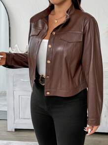 Vionelle 加大码女式法式浪漫西西里优雅休闲通勤度假下午茶派对纯色立领前开金属按扣装饰口袋翻盖侧袋长袖短款夹克 - 棕色 - 查看 6