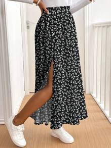 SHEIN Frenchy 女士休闲度假高开叉伞形下摆半身裙，适合夏季，碎花，法式优雅