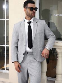 Manfinity Mode Men Plus Size Linen Long Sleeve Jacket And Pants Suit Set - Grey - View 4