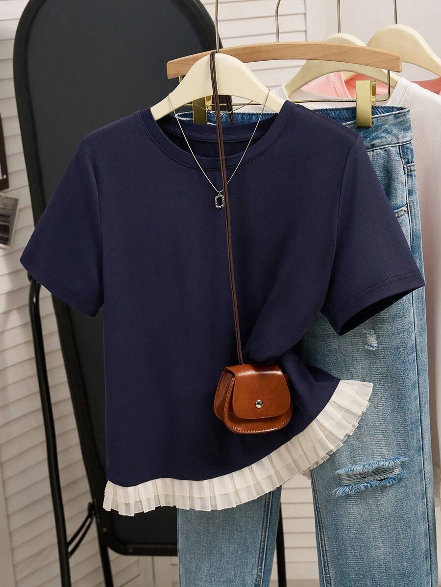 INAWLY Women's Fashion Tassel T-Shirt, Chic Style - Navy Blue - View 1