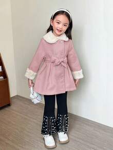 SHEIN 秋冬少女双面羊毛人造毛领系带夹克 - 紅白色 - 查看 5