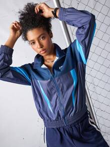 SHEIN Sports Áo khoác thể thao khối màu tương phản thường ngày dành cho nữ - Màu xanh lam - Xem 1