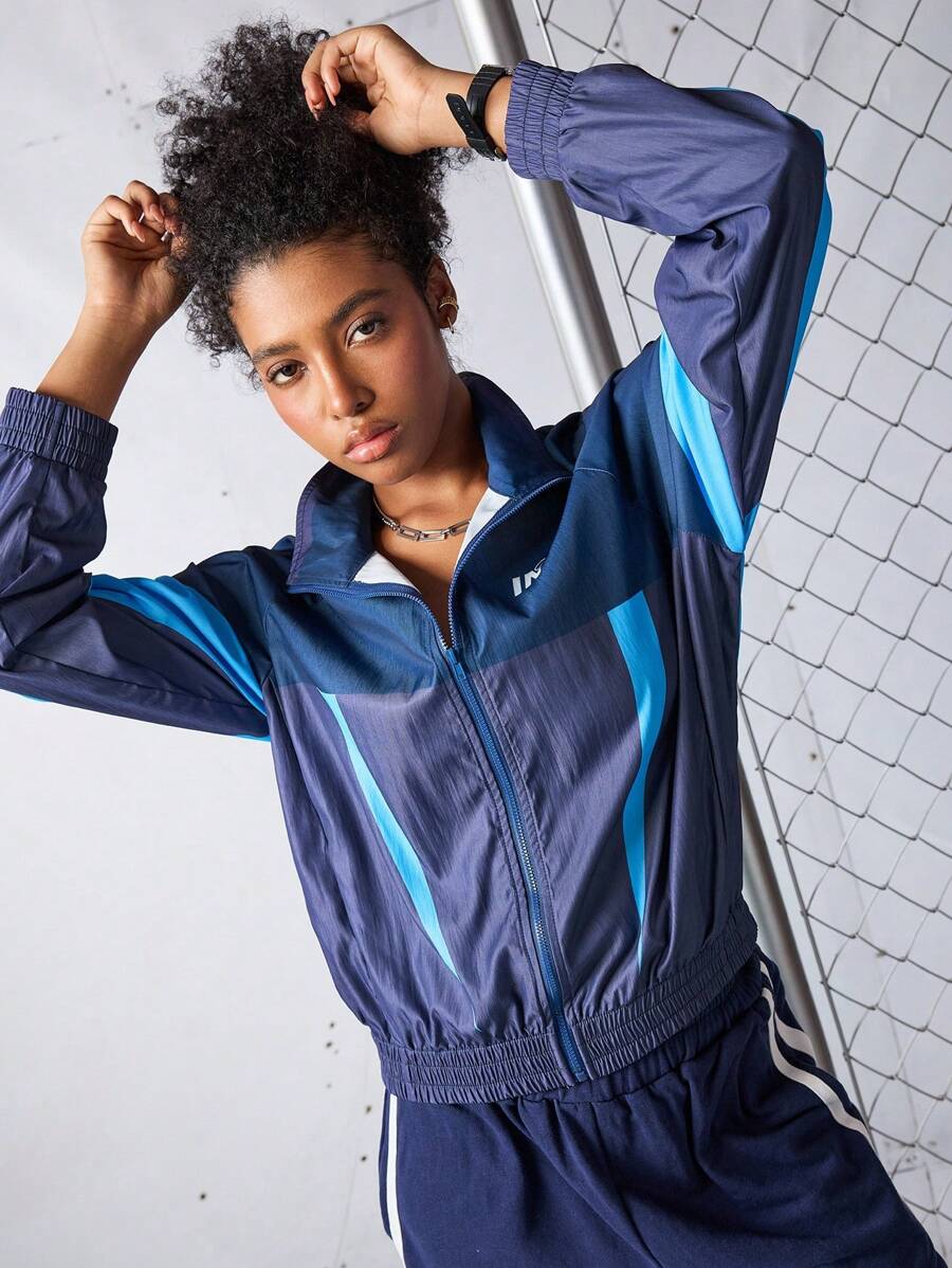 SHEIN Sports Áo khoác thể thao khối màu tương phản thường ngày dành cho nữ - Màu xanh lam - Xem 1