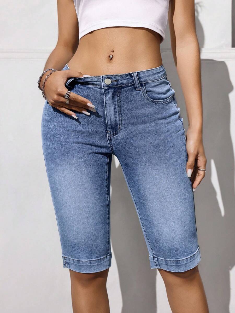 SHEIN Tall Quần short denim cạp thấp ống rộng 5 inch phong cách đường phố giản dị - Rửa trung bình - Xem 1