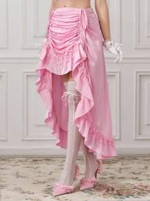 ROMWE EDITION 女士优雅纯色荷叶边抽绳裙 - 粉色 - 查看 2