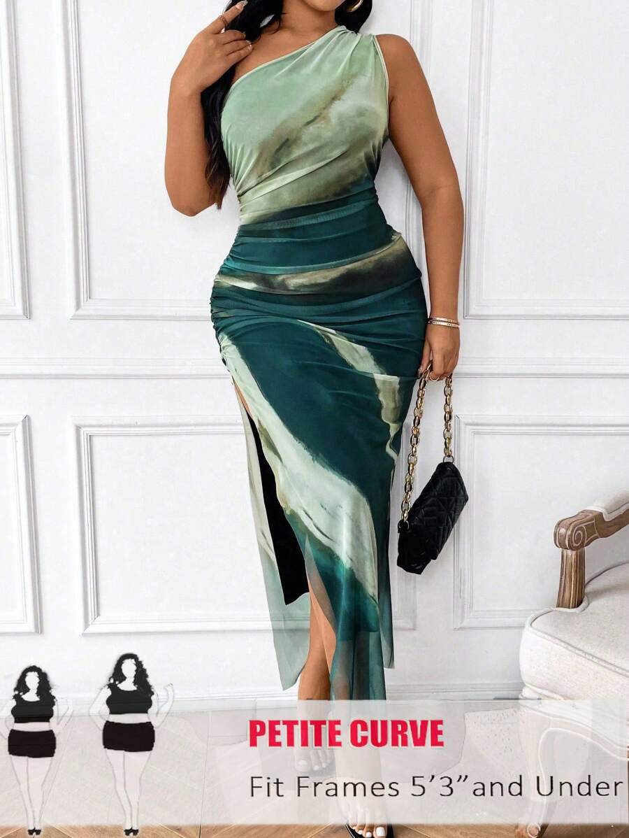 SHEIN PETITE Plus Size Summer Fashion Tie-Dye Print Asymmetric Collar Side Slit Dress - Multicolor - View 1