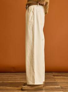 Musero Wide Leg Zip And Button Fastening Denim Jeans Pants Spring Summer Holiday Vacation - Apricot - View 3
